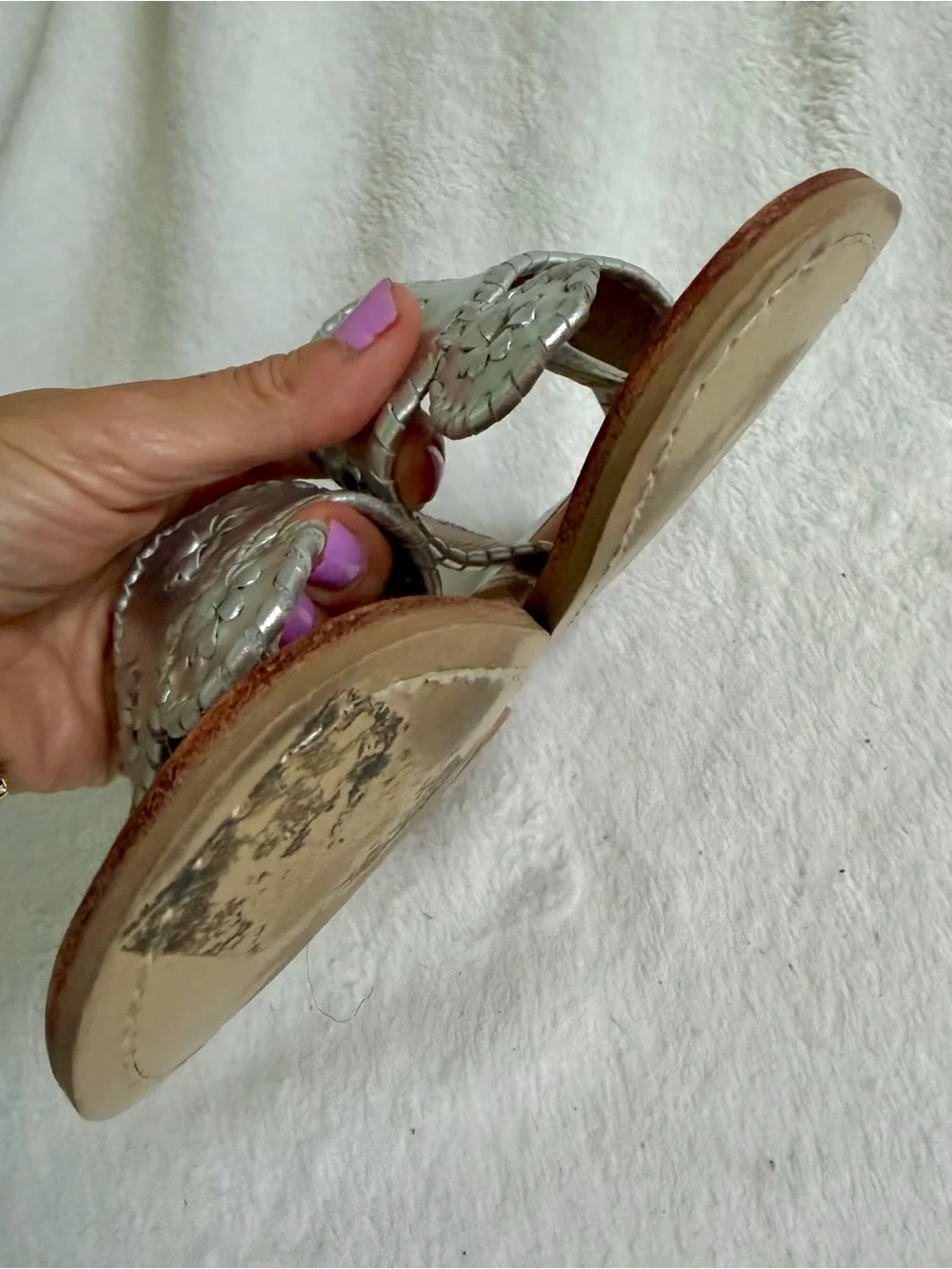 Jack Rogers Jacks Hampton Sandal Silver Metallic Leather Whipstitch Thong Size 6